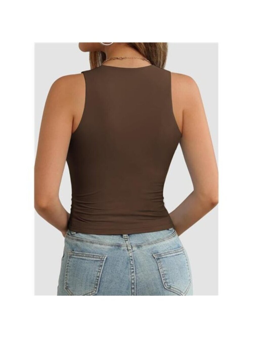 Womens Double Lined Crop Tank Tops Casual Basic Shirts Sleeveless Brown - Picture 2 of 4